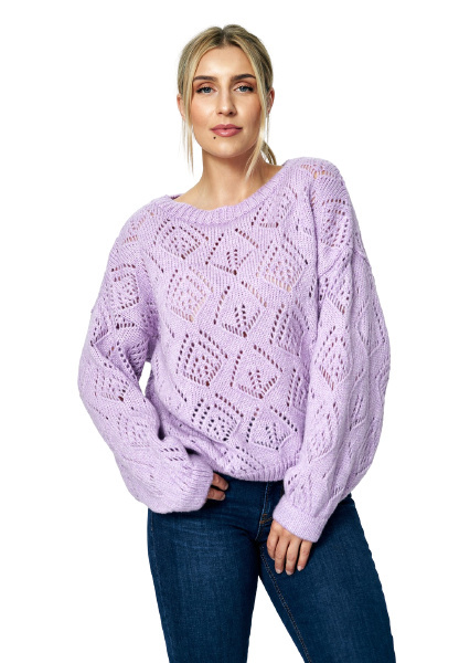 Sweter damski krótki ażurowy z półokrągłym dekoltem ecru